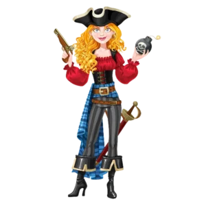 Femme pirate en dessin à l'attraction l'île perdue des pirates et des sirènes au parc Fantassia