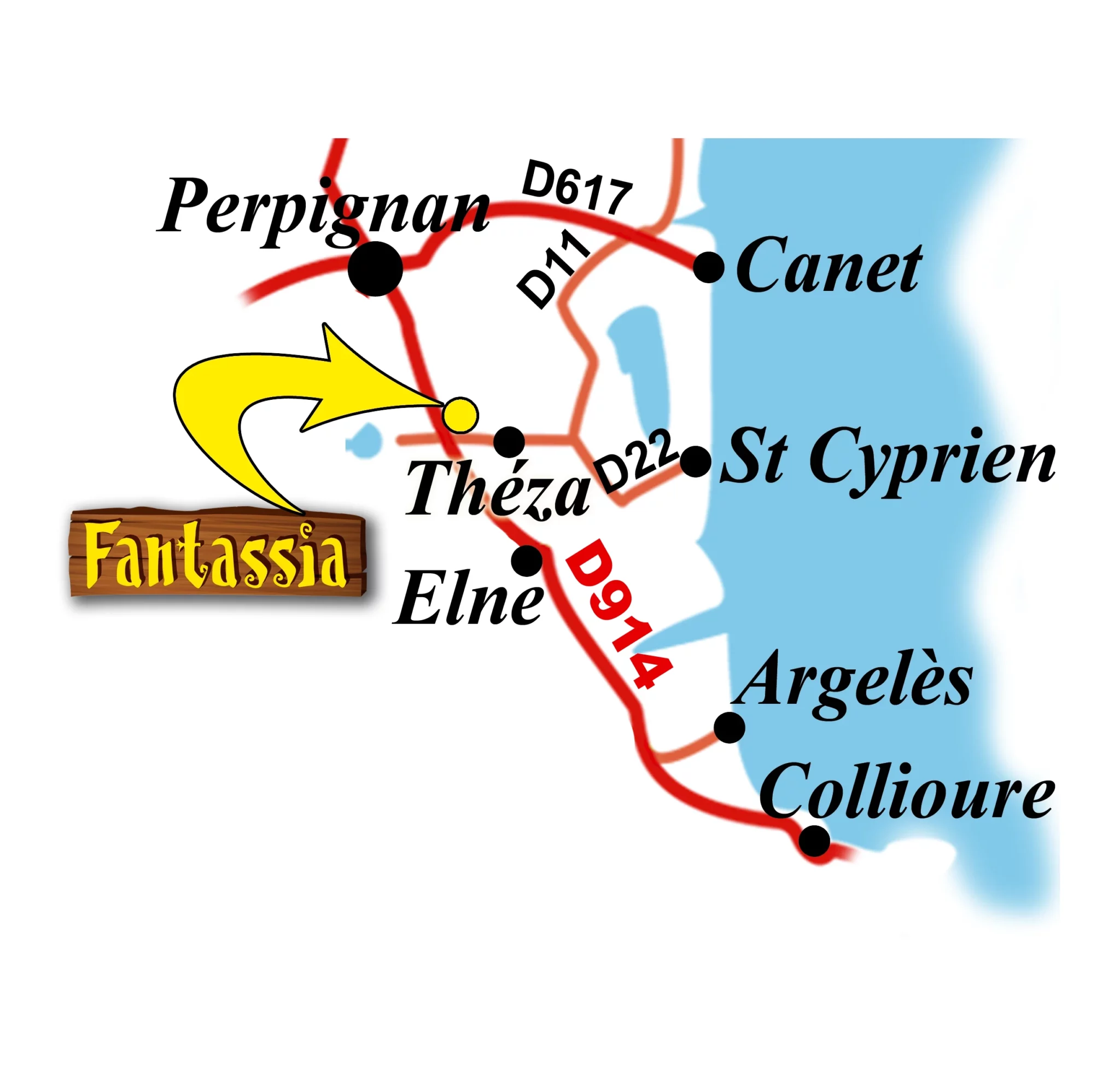 Plan détaillé d'accès au parc d'attractions Fantassia situé à Théza