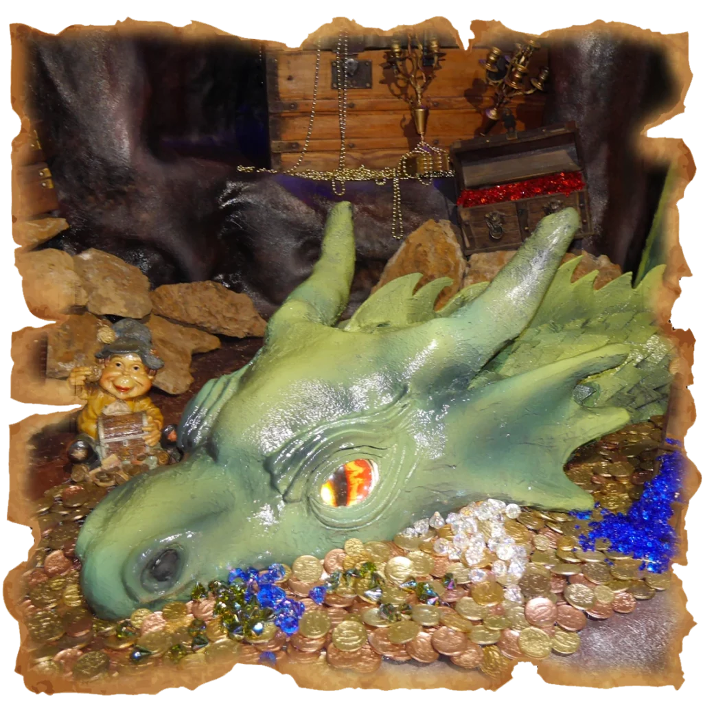 Dragon and treasure of the Dragon's Lair attraction at Fantassia Park