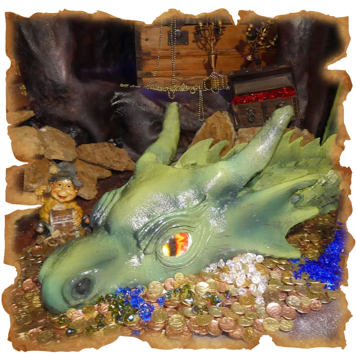 Dragon and treasure of the Dragon's Lair attraction at Fantassia Park