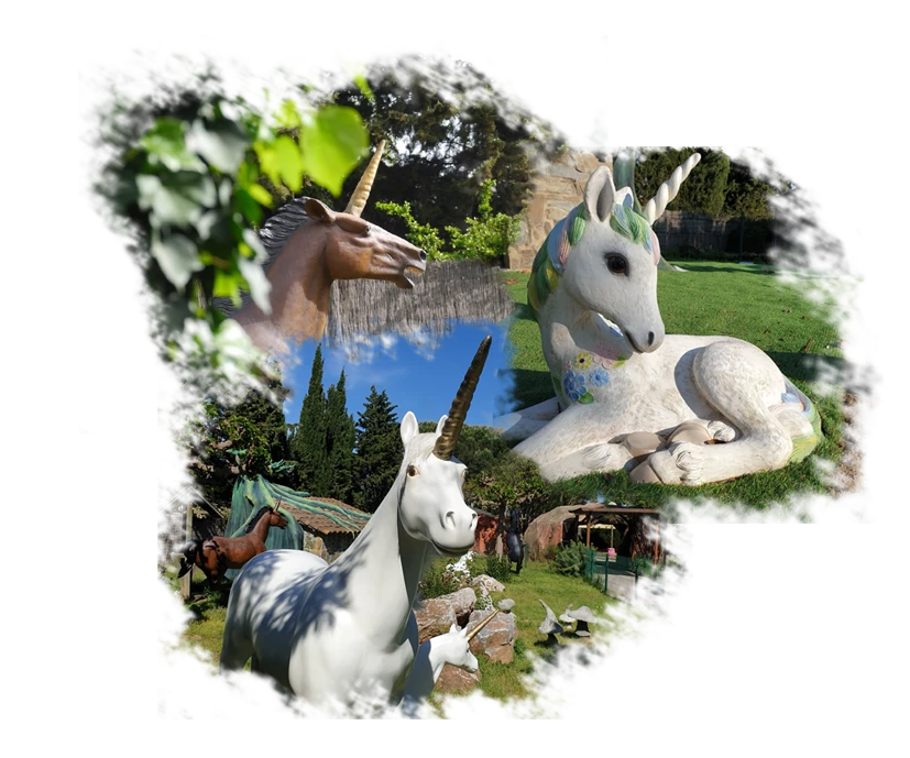 Patchwork licornes arc-en-ciel et blanche au parc d'attractions Fantassia