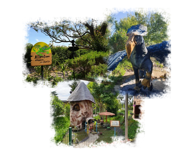 Photos hippogriffe, lutin et signalétique à l'attraction la Forêt Enchantée, parc à thème Fantassia