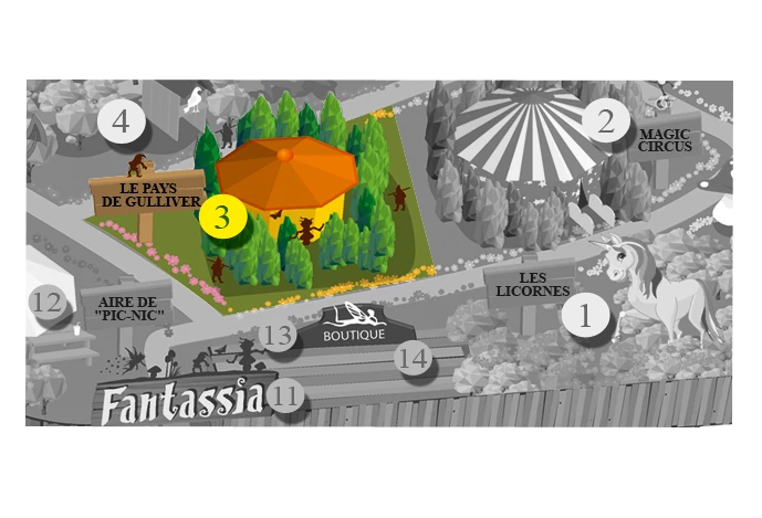 Plan de situation de l'attraction Gulliver au parc de loisirs Fantassia