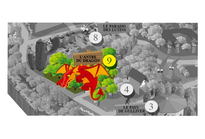 Plan de situation de l'attraction l'antre du dragon, parc de loisirs Fantassia