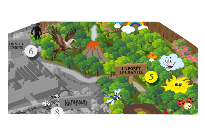 Plan de situation de l'attraction la Forêt Enchantée, parc de loisirs Fantassia
