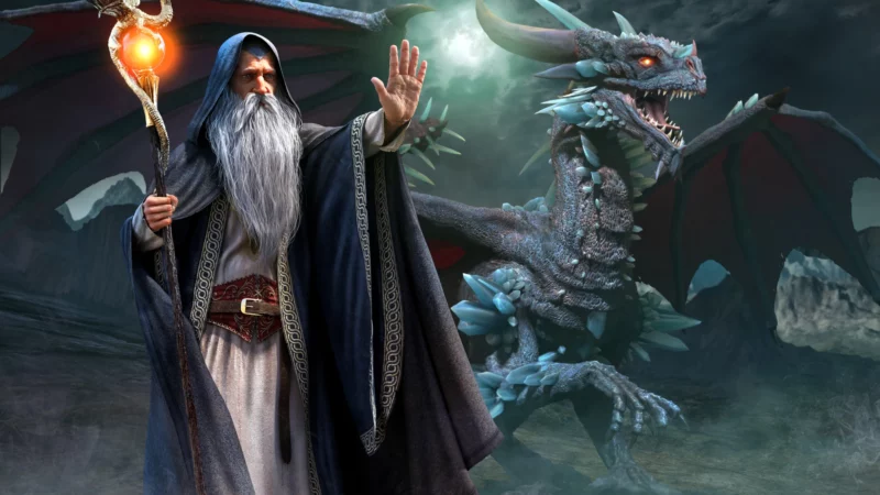 Dragon et sorcier, image illustrée parc d'attractions Fantassia