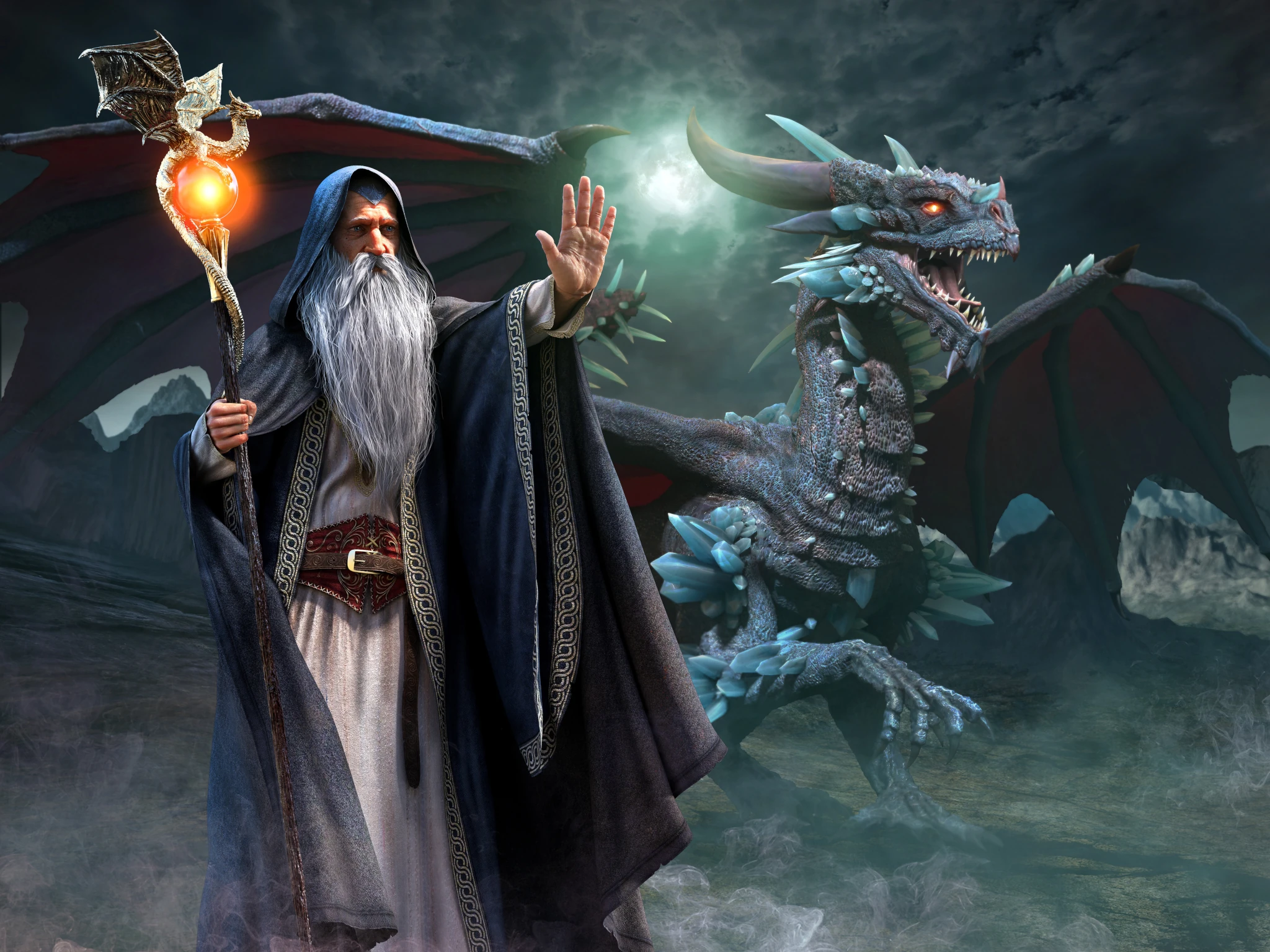 Dragon and wizard, illustrated picture, Fantassia amusement park